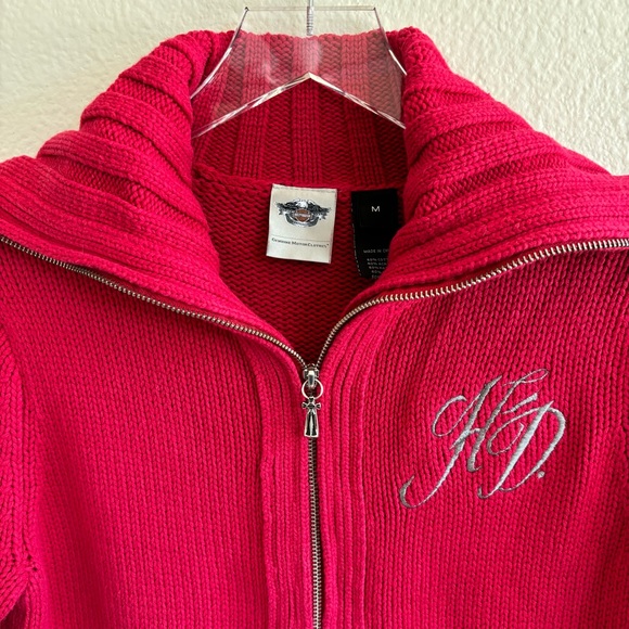 Vintage y2k 90s Harley Davidson women’s cardigan sweater Red L embroidered biker - Picture 2 of 13